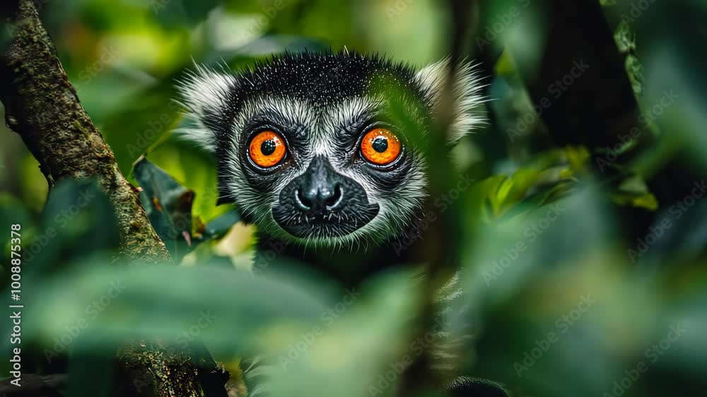 Black and white ruffed lemur staring through jungle