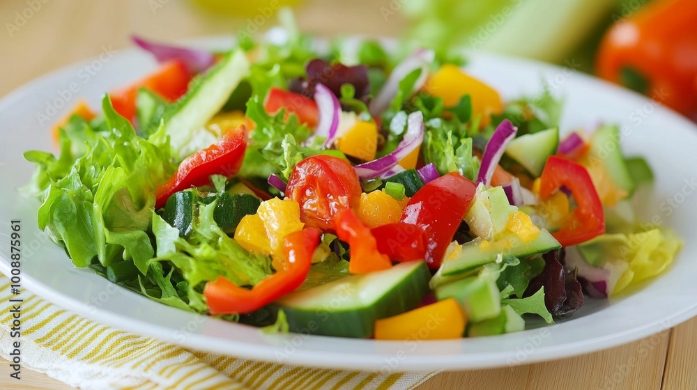 A vibrant plate of organic salad made with fresh greens, colorful vegetables, and a light vinaigrette, appealing to health-conscious consumers. A vibrant plate of organic salad made with fresh greens, colorful vegetables, and a light vinaigrette, appealing to health-conscious consumers.