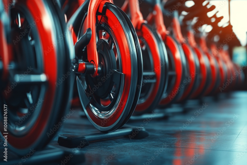 Fototapeta premium Close-up of Modern Stationary Bikes in a Gym