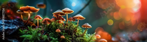 Mushroom garden with diverse fungi, vibrant and lush, Botanical, Soft greens, Photograph, Natural beauty