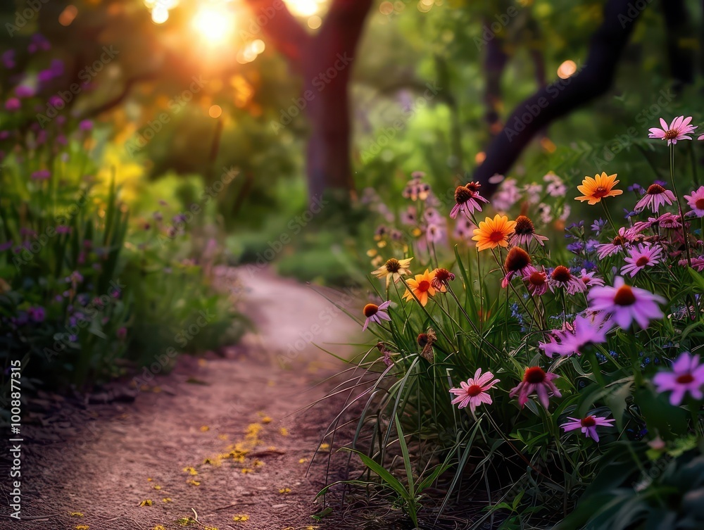 Obraz premium Nature trail with blooming wildflowers, serene and inviting, Nature, Bright hues, Photograph, Woodland walk