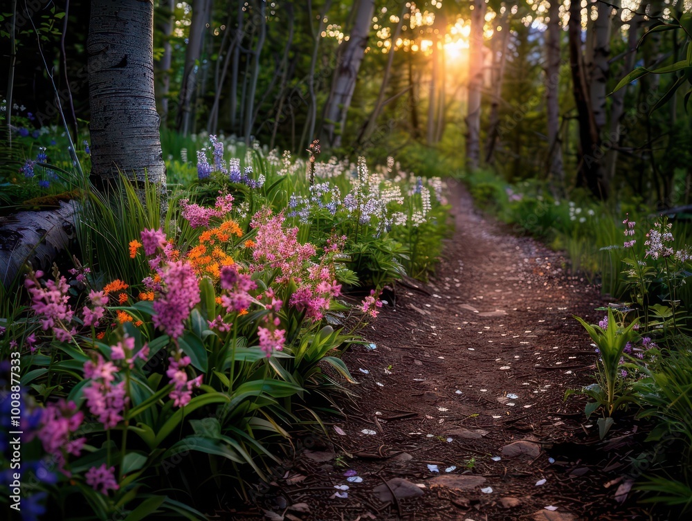 Nature trail with blooming wildflowers, serene and inviting, Nature, Bright hues, Photograph, Woodland walk