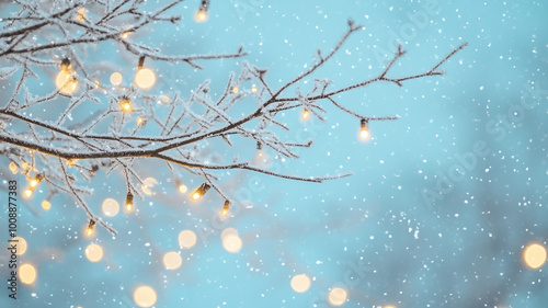 Snowy winter evening with twinkling lights on frosted branches