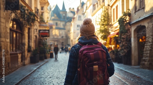 A young traveler with a backpack standing in front of an iconic world-famous landmark, taking photos and representing the freedom and excitement of travel