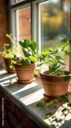 Potted plants on a sunny windowsill, vibrant and inviting, Urban, Soft greens, Photograph, Indoor greenery