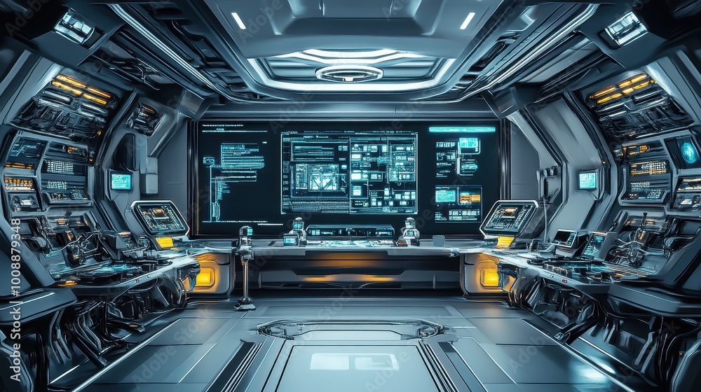 Obraz premium Futuristic Sci-Fi Control Room with Advanced Technology Displays