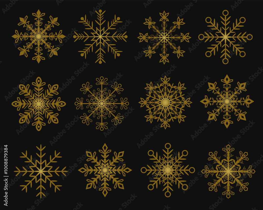 Various shapes and ornaments Gold Snowflakes icon set template. Background for home decor, Christmas market, banner, cover, greeting card, web banner, business card. Vector. Various shapes and ornaments Gold Snowflakes icon set template. Background for home decor, Christmas market, banner, cover, greeting card, web banner, business card. Vector.