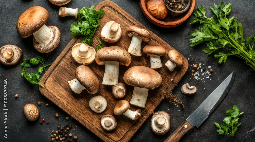 Fresh Mushrooms on Wooden Cutting Board Fresh Mushrooms on Wooden Cutting Board