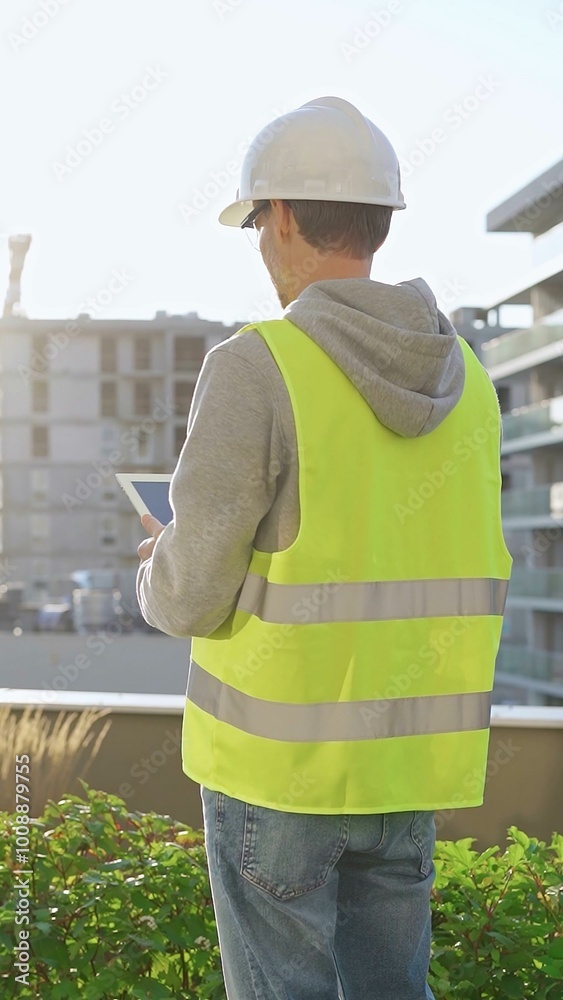 Man engineer with white helmet and safety vest is using tablet computer while inspecting a construction site at sunrise, back vertical view Man engineer with white helmet and safety vest is using tablet computer while inspecting a construction site at sunrise, back vertical view