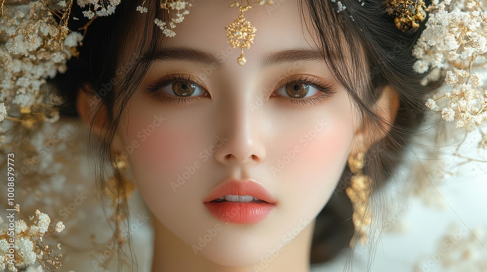 exquisite asian beauty adorned with golden jewelry resembling an angelic figure captured in a regal pose against a softly lit backdrop that enhances her elegance exquisite asian beauty adorned with golden jewelry resembling an angelic figure captured in a regal pose against a softly lit backdrop that enhances her elegance