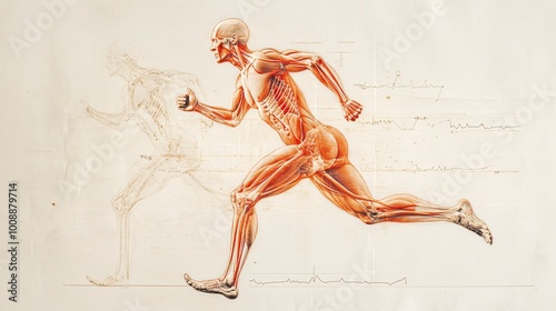 Anatomical Illustration of a Running Human Body Showing Muscle Structure