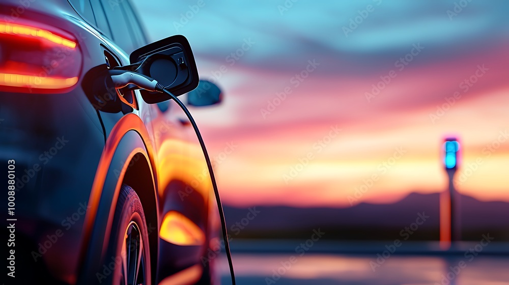 A sleek electric vehicle plugged into a charging station at sunset. The vibrant colors of the sky enhance the modern technology and eco-friendly future of transportation. A sleek electric vehicle plugged into a charging station at sunset. The vibrant colors of the sky enhance the modern technology and eco-friendly future of transportation.