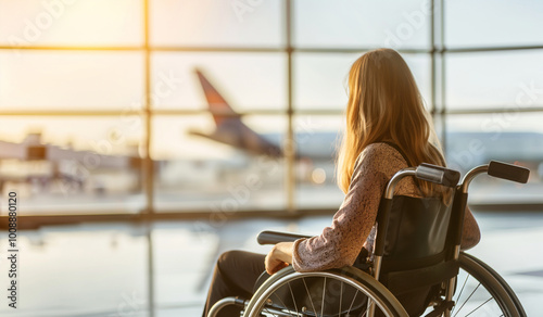 A girl in a wheelchair is waiting for her flight at the airport.