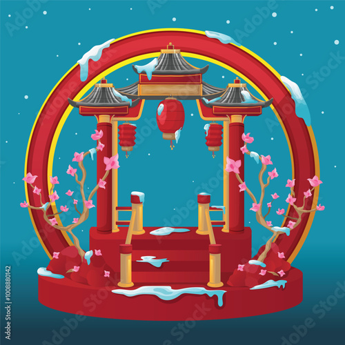 Chinese Gate Buildings Architectural Snow Vector