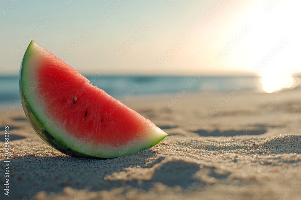 Watermelon Slice on a Sandy Beach at Sunset