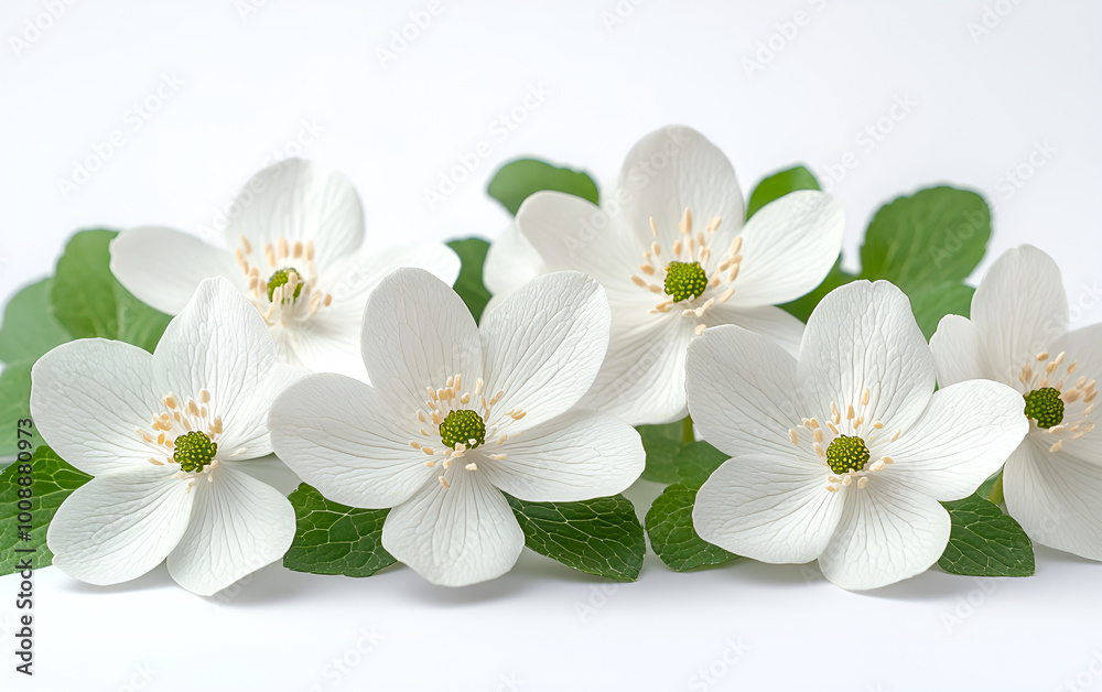 a group of white flowers with green leaves
a group of white flowers with green leaves