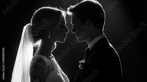 A couple exchanging vows at a wedding, symbolizing the promise of forever, wedding vows, marital promise, Silhouettes and Ambiguity