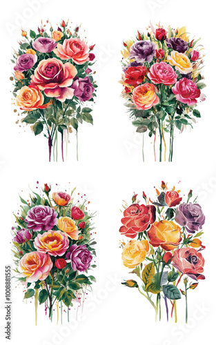 Watercolor paint vector rose flower set for t-shirt design. 