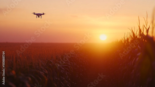 Drone surveying cornfields at sunset in rural landscape