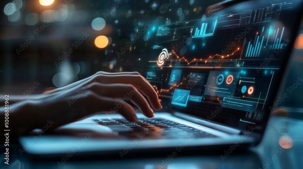 Close-up shot of hands typing on a laptop, displaying a digital marketing dashboard with charts and analytics, reflecting modern business operations. Close-up shot of hands typing on a laptop, displaying a digital marketing dashboard with charts and analytics, reflecting modern business operations.