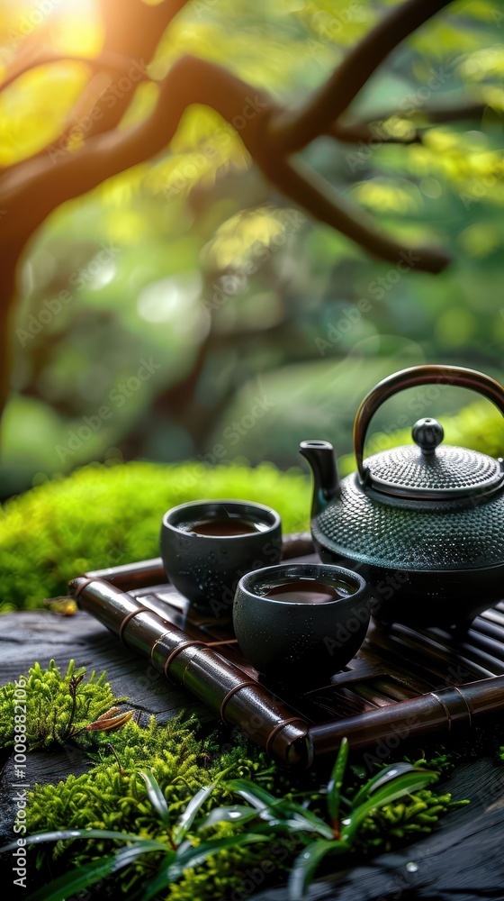Tea garden with traditional teaware, serene and inviting, Botanical, Soft greens, Photograph, Cultural beauty Tea garden with traditional teaware, serene and inviting, Botanical, Soft greens, Photograph, Cultural beauty