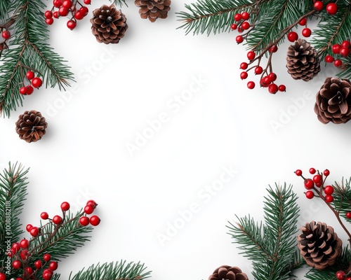 Christmas Border frame of tree branches red berries and pine cones on a white background. Christmas white background with Christmas balls and decorations