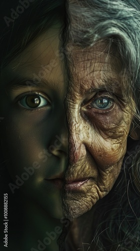 Split-face image of a young girl and an old woman, highlighting age contrast. aging and time