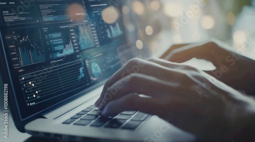 Close-up shot of hands typing on a laptop, displaying a digital marketing dashboard with charts and analytics, reflecting modern business operations.