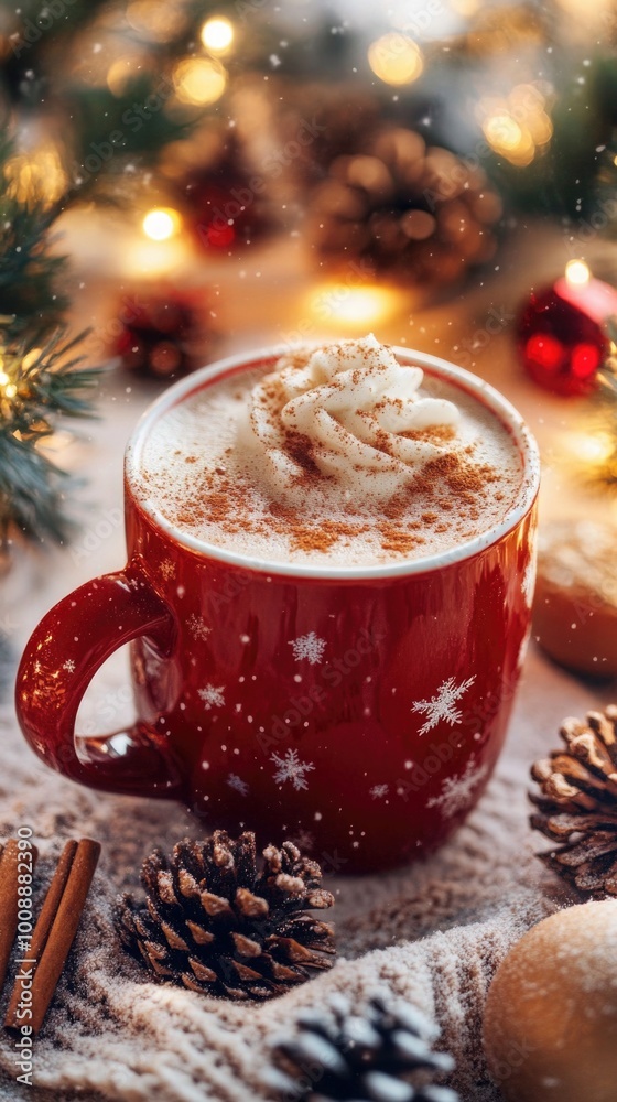 glass mug filled with a festive hot drink topped with whipped cream and cinnamon. bokeh. Cozy holiday Christmas glass mug filled with a festive hot drink topped with whipped cream and cinnamon. bokeh. Cozy holiday Christmas