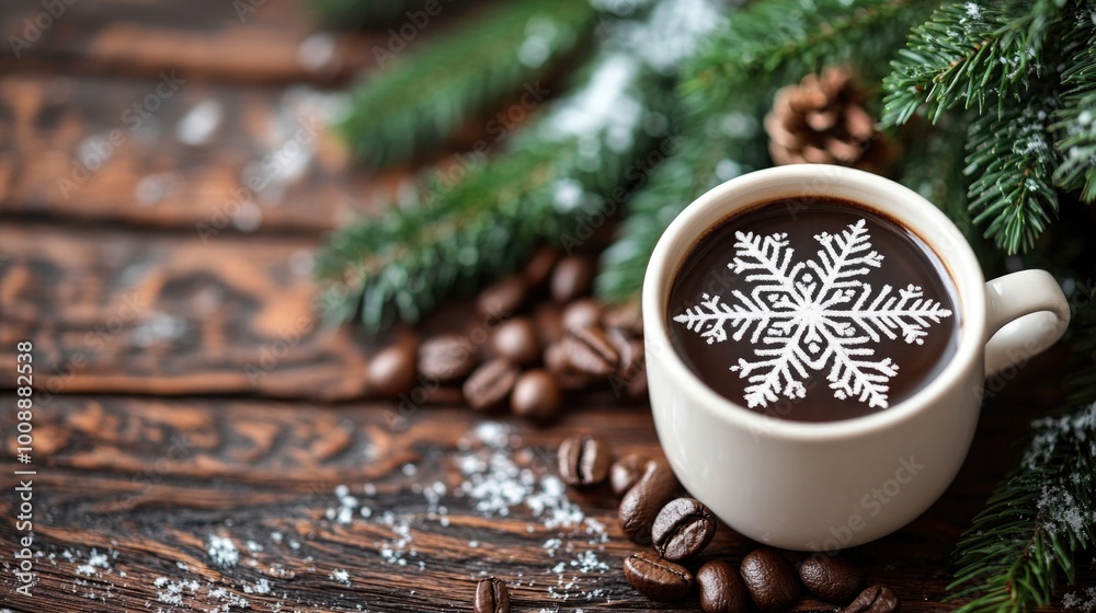 mug of coffee with a snowflake design on the foam, placed on a wooden table. Christmas tree. Cozy holiday concept mug of coffee with a snowflake design on the foam, placed on a wooden table. Christmas tree. Cozy holiday concept