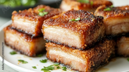 Crispy pork belly is delicious with its crunchy skin and tender meat, mildly salty and perfectly balanced, especially tasty when paired with dipping sauce. 