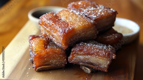 Crispy pork belly is delicious with its crunchy skin and tender meat, mildly salty and perfectly balanced, especially tasty when paired with dipping sauce. 