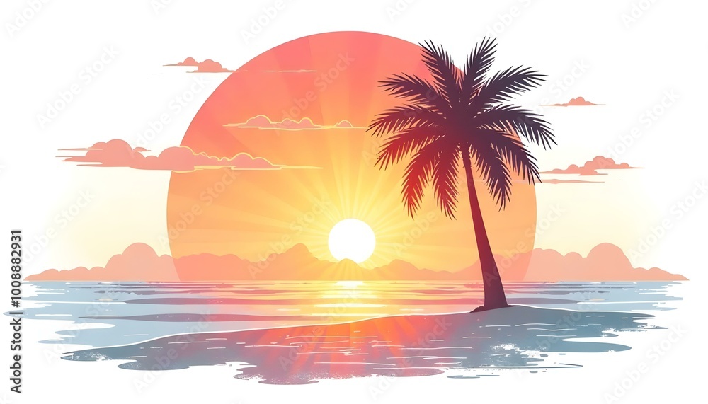 Sunset Behind a Palm Tree logo icon representing Vacation, travel agency. Sunset Behind a Palm Tree logo icon representing Vacation, travel agency.