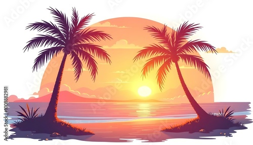 Sunset Behind a Palm Tree logo icon representing Vacation, travel agency.