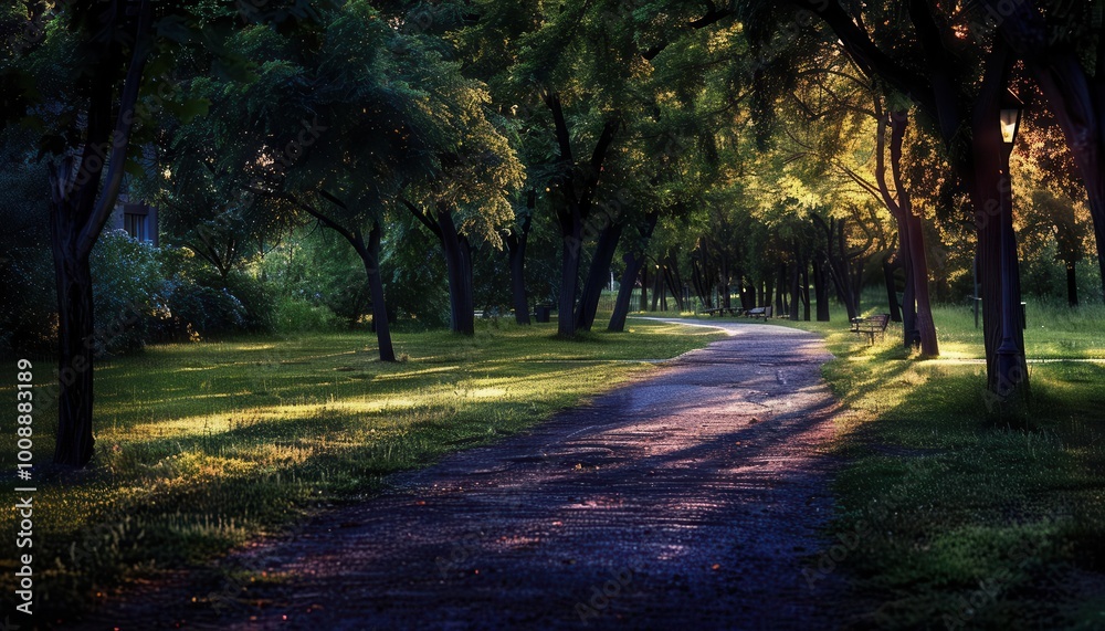 Naklejka premium Treelined path in a park, serene and inviting, Urban, Soft greens, Photograph, Nature walk