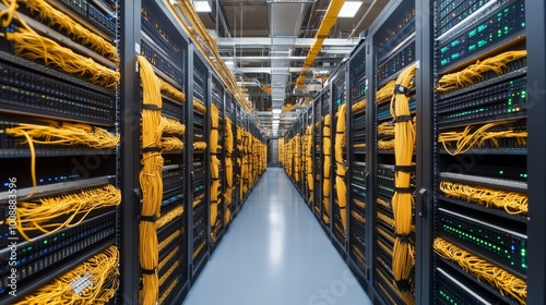 A Bauhaus-style data center with [rows of servers], their shapes abstracted into [minimalist geometric forms]. [High-contrast lighting] highlights network cables and cooling systems, with [exploded