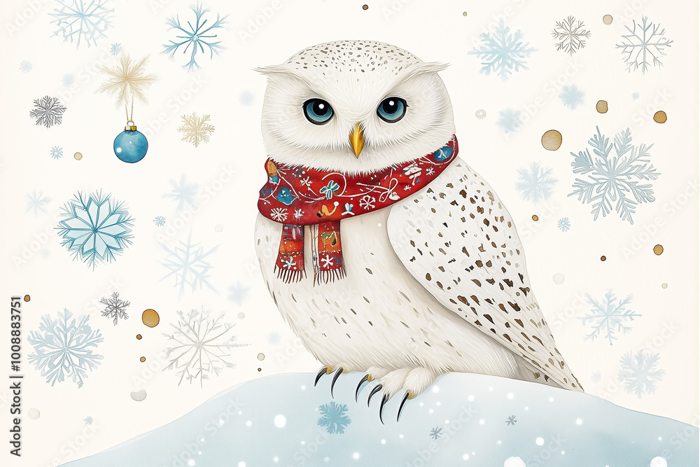 Eule mit Schal auf sitzt auf einer Schneeflächen – Ruhige Aquarellkunst für die Adventszeit
