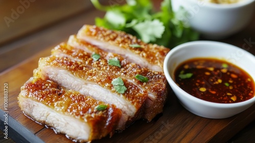 Crispy pork belly is delicious with its crunchy skin and tender meat, mildly salty and perfectly balanced, especially tasty when paired with dipping sauce. 