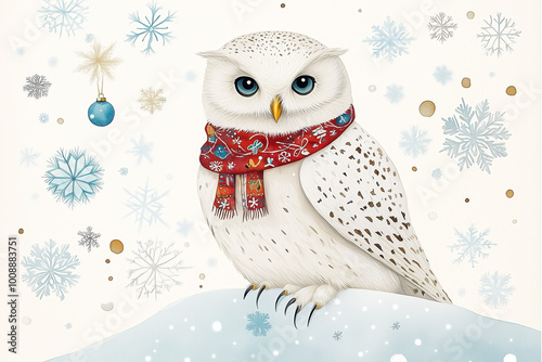 Obraz na płótnie Eule mit Schal auf sitzt auf einer Schneeflächen – Ruhige Aquarellkunst für die Adventszeit w salonie