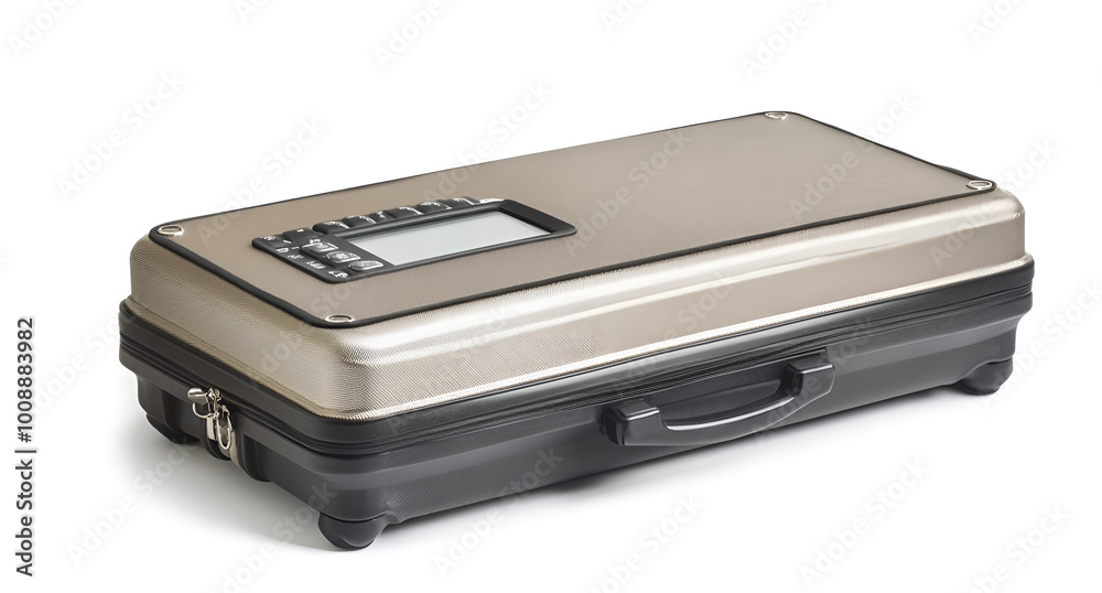 A silver suitcase featuring a digital thermometer placed on top, A silver suitcase featuring a digital thermometer placed on top,