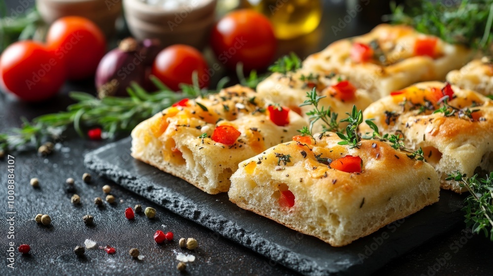 Freshly Baked Herb Focaccia with Colorful Toppings Freshly Baked Herb Focaccia with Colorful Toppings