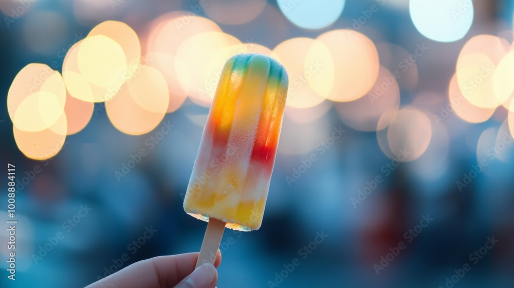 Hand Holding a Colorful Ice Cream Popsicle with a Bokeh Background. Hand Holding a Colorful Ice Cream Popsicle with a Bokeh Background.