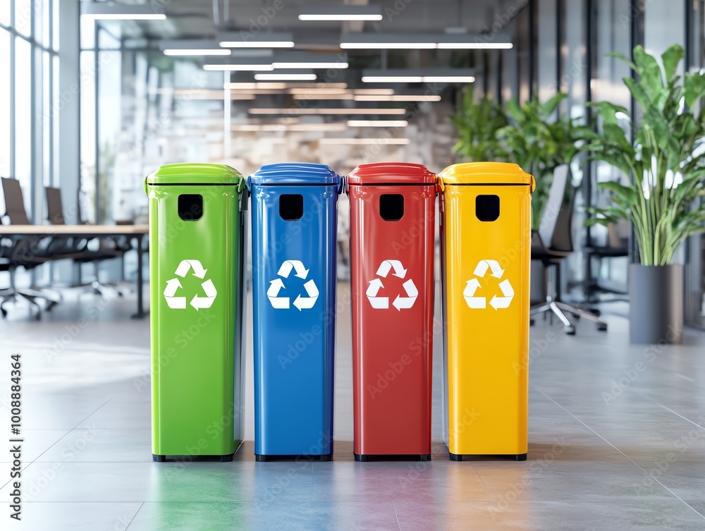 Four colorful recycling bins in an office hallway promoting waste separation and environmental sustainability.