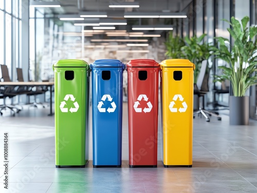 Obraz na płótnie Four colorful recycling bins in an office hallway promoting waste separation and environmental sustainability. w salonie
