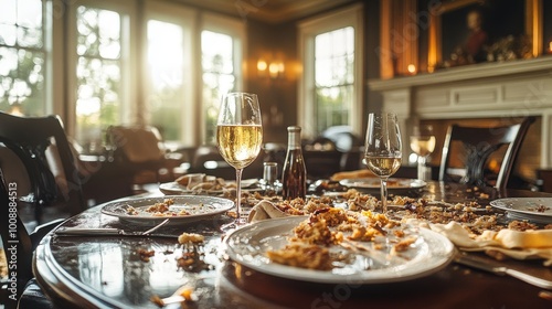 Interior real de un comedor con restos de una comida reciente en la mesa, incluyendo platos y copas vacías. La luz del sol se filtra por las ventanas, creando una atmósfera acogedora y relajada, aunqu photo