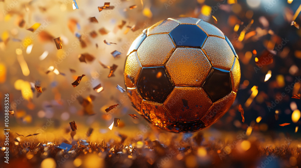 Fototapeta premium A soccer ball in motion surrounded by shimmering confetti at a festive outdoor event