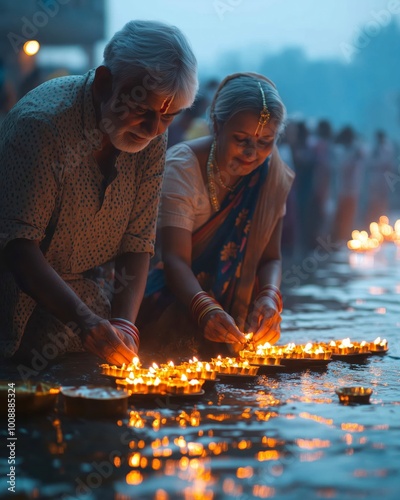 Kartik Purnima Elderly Couple Celebrating Festival with Diyas photo