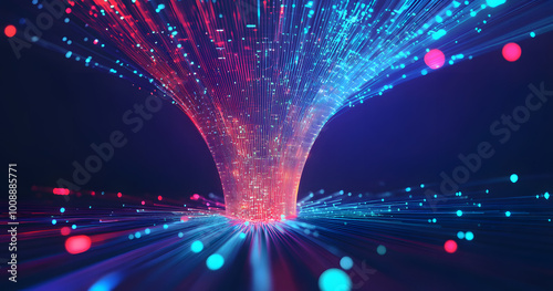 5G technology wireless data transmission, high-speed internet. Information flow in abstract cyberspace. 3d illustration of big data digital funnel