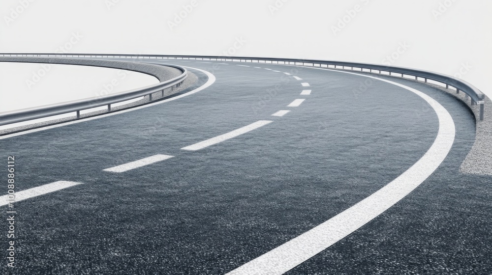 Obraz premium A winding road curves through a misty landscape, showcasing a smooth surface with white lane markings against a soft gray background.
