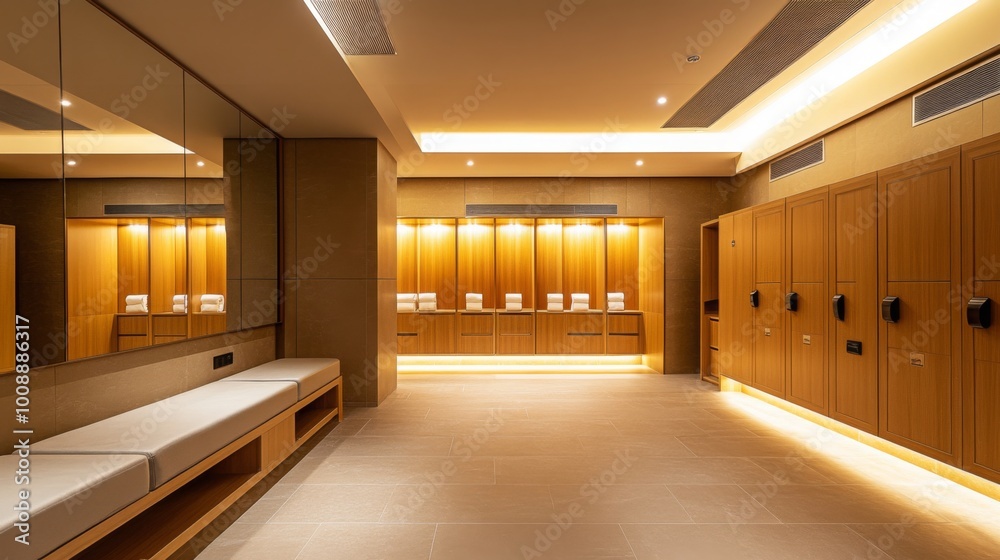 A modern, minimalistic locker room featuring wooden lockers, ambient lighting, and a comfortable seating area. A modern, minimalistic locker room featuring wooden lockers, ambient lighting, and a comfortable seating area.